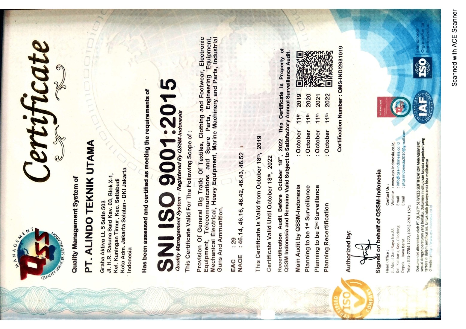 SNI ISO 9001:2015 certificate